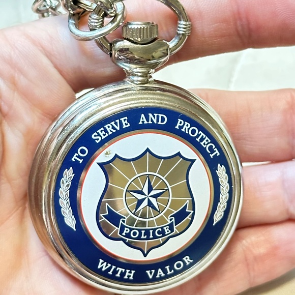Silver Tone Pocket Watch w/Chain. Police Emblem on Front. - Picture 3 of 6